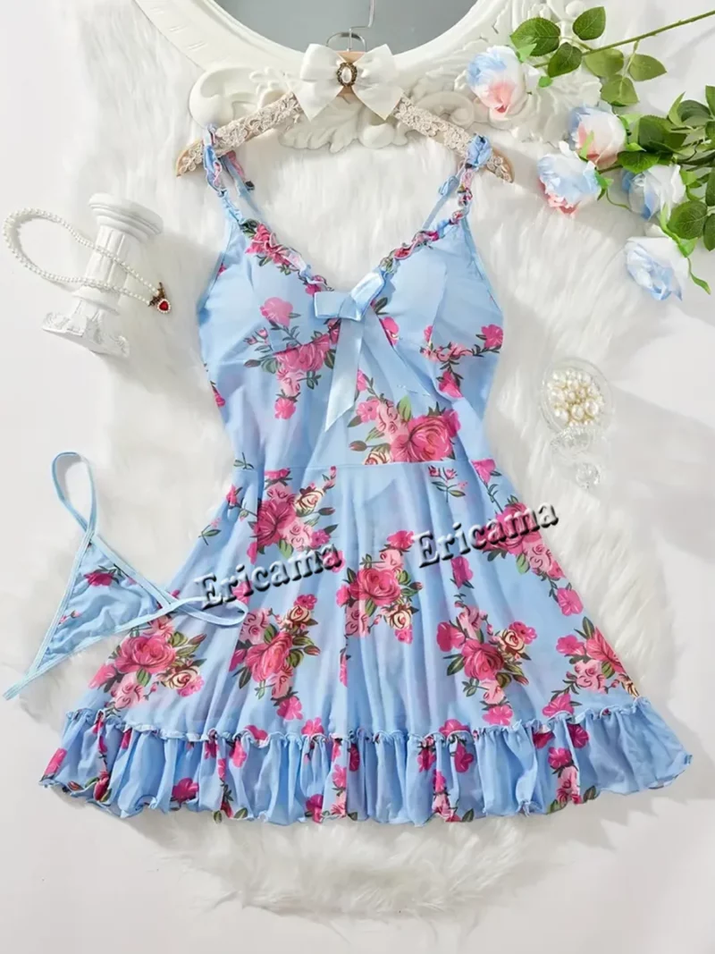 Damesondergoed Sexy bh en slipje Sets Kanten ruches Lingerie Set Diepe V-slipdress String Sexy dameslingerie - Image 3