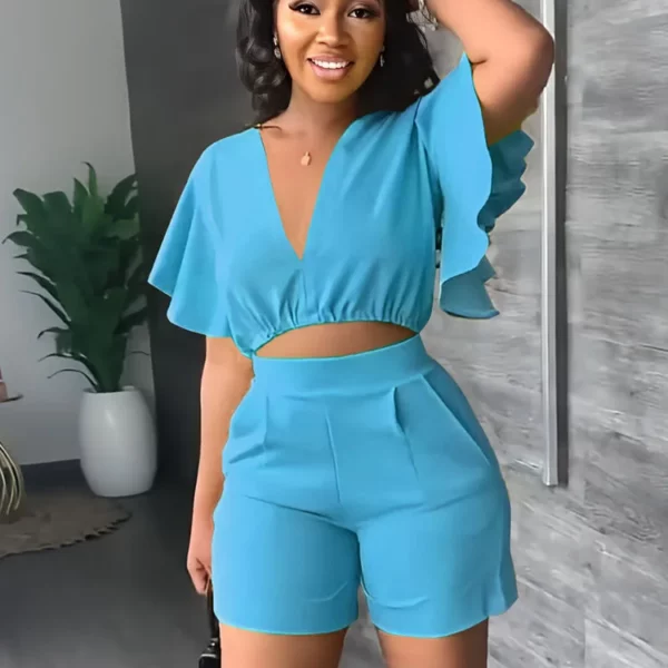 Zomer V-hals korte tops damesset effen kleur mode ruches korte mouwen casual shorts pak vrouwelijk kantoor tweedelige set