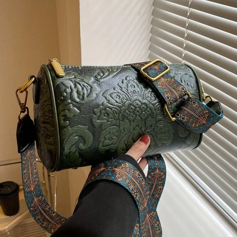 Retro lederen schoudertas met reliëfbloem, klassieke cilinder crossbody tas voor dames Dagelijks gebruik Feestwerkcadeaus
