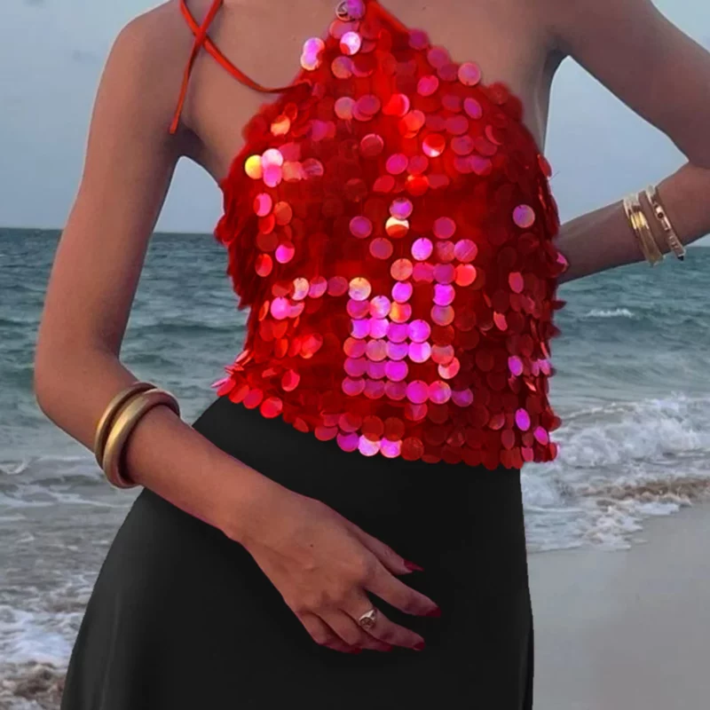 Combhasaki Vrouwen Y2K Party Clubwear Glitter Pailletten Tie-Up Halter Hals Backless Vest Zomer Mouwloze Crop Tank Tops Streetwear - Image 6