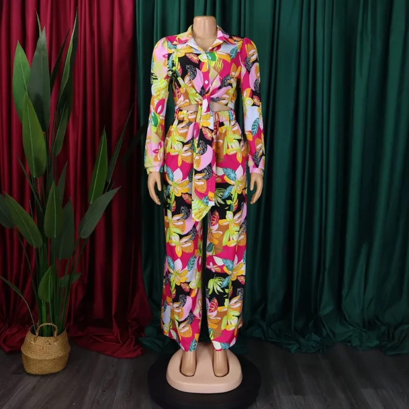 2023 Lente Zomer Nieuwe Lange Mouwen Gedrukt Pak Voor Vrouwen Mode Revers Single Breasted Shirt Wijde Pijpen Broek Tweedelige Set - Image 4