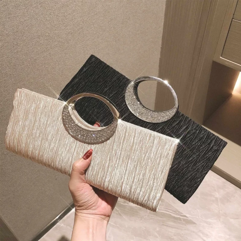 Vrouwen Strass Cirkel Handtas Effen Kleur Geplooide Vierkante Bankettassen Amerikaanse Mode Elegante Dame Dinertas