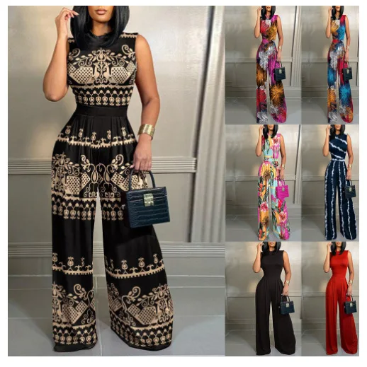 High Street Mouwloze Vrouwen Jumpsuit Wijde Pijpen Broek Overall Romper Party Prom Hoge Taille Streetwear Regular Fit Jumpsuits Zomer
