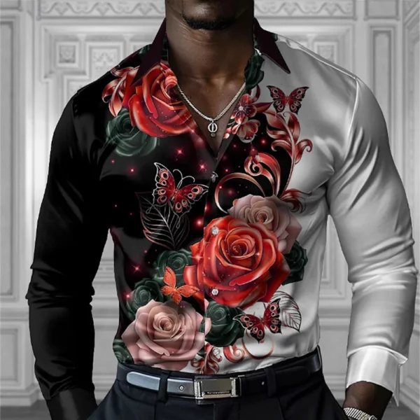 Herenoverhemd met bloemen, lange mouwen, modieus vakantiefeest, overhemd met knopen, oversized ontwerp, comfortabele herenkleding