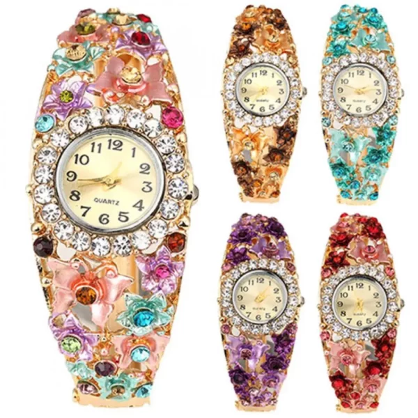 Hot Sales Dames Bloem Vlinder Jurk Horloge Ronde Wijzerplaat Strass Armband Polshorloge