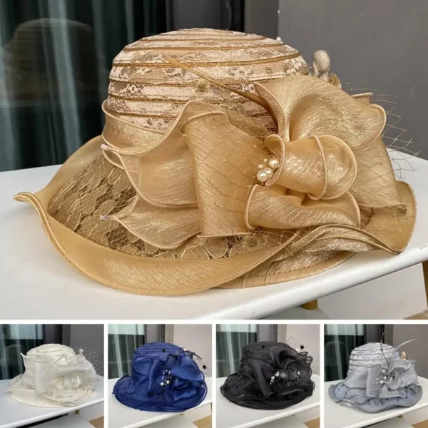 Dubbellaags mesh zonnehoed dames zonnehoed vintage stijl dames vissershoed met organza kant strik faux parel veer voor schoolbal