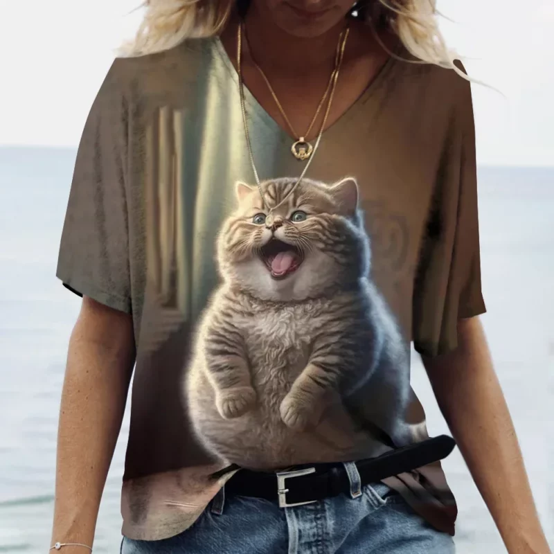 Dames T-Shirt Kawaii Cat Print 3d T-Shirt Top Meisjes Y 2K Kleding Zomer Korte Mouw T-Shirts V-Hals Casual Vakantie Dames T-Shirt - Image 6