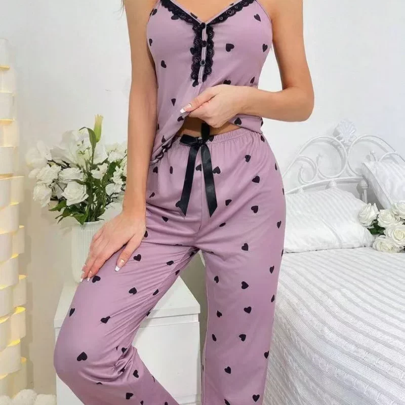 Sexy Vrouwen Hart Gedrukt Kant Homewear Zomer Pyjama Sets Mouwloze Satijnen Pijama Cropped Tops En Broeken - Image 4