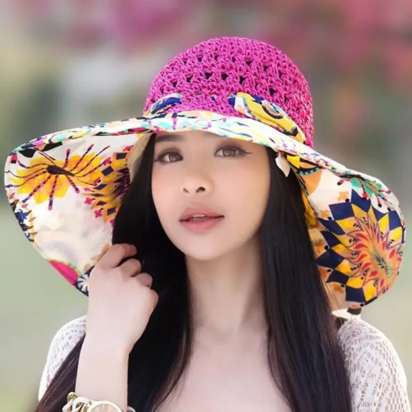 Vrouwen Zonnehoed Patchwork Kleur Etnische Stijl Print Strik Gebonden Decor Strohoed Holle Lichtgewicht Wasbare Anti-Uv Strandhoed