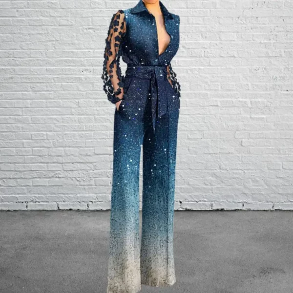 Bloem Decor Netto Garen Mouw Vrouwen Jumpsuit Turn-Down Kraag Patchwork Kleur Riem Zakken Jumpsuit Streetwear