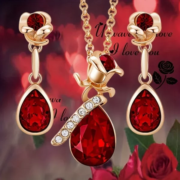 Mode 3-delige elegante roos en waterdruppel strass ketting en oorbellen set - perfect voor banketten en feesten jubileumfeestcadeaus