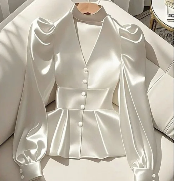 Frans elegant damesoverhemd Luxe taille-gesneden wit satijnen shirt met lange mouwen voor dames Temperament Elegante damesblouses