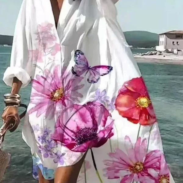Lente Jurk 2024 Nieuwe Mode Leisure Grace Gedrukt Revers Lange Mouw Losse Party Beach Vrouwen Shirt Jurken Vestidos