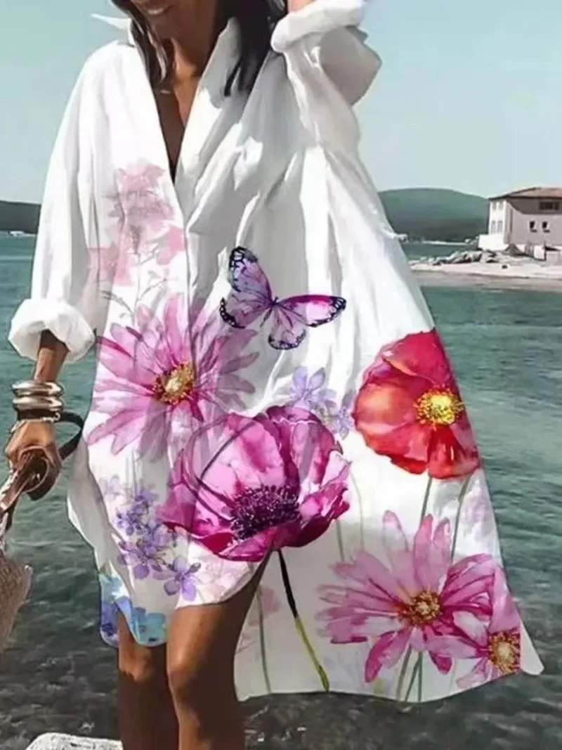 Lente Jurk 2024 Nieuwe Mode Leisure Grace Gedrukt Revers Lange Mouw Losse Party Beach Vrouwen Shirt Jurken Vestidos