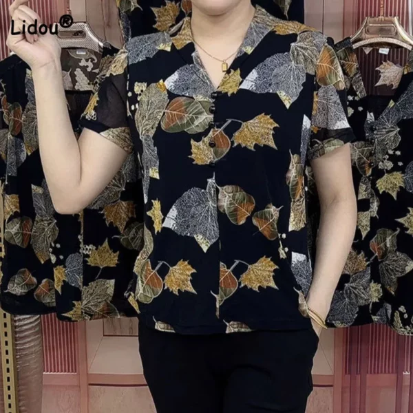 Mode Vintage Print V-Hals T-Shirt Voor Dames Zomer Korte Mouw Casual All-Match Knoop Gesplitst Tops Dames Kleding