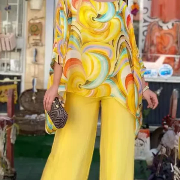 Dames zomer nieuwe mode kleurrijke chiffon 3/4 mouw lange broek set casual ronde hals bedrukte tweedelige set voor dames