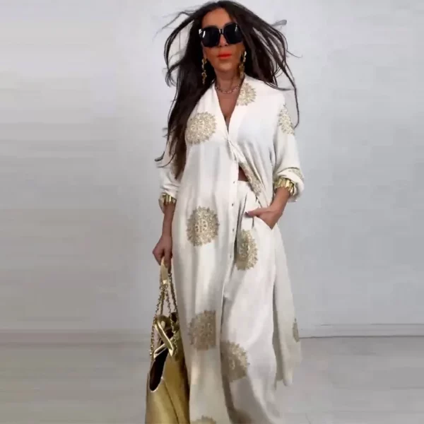 Lange jas 2-delige set dames print vest wijde pijpen broek pak Ramadan moslim Marokko ensemble Dubai Islam casual Arabische outfits