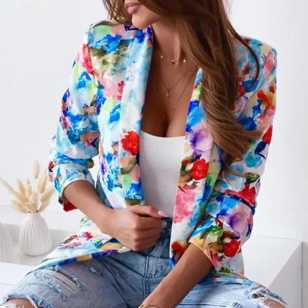 Office Lady Fake Pockets Bloemenpak Vest Veelkleurig All Match Kraag Open Stitch Dames Lady Blazer