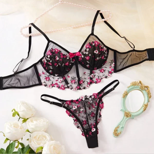 Sexy Bh Set Voor Vrouwen Bloemenborduurwerk Fee Lingeire Mesh Ondergoed Romantische Lingerie Exotische Bh Korte Sets Intieme Outfits