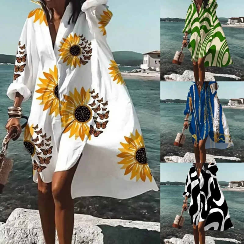 Lente Jurk 2024 Nieuwe Mode Leisure Grace Gedrukt Revers Lange Mouw Losse Party Beach Vrouwen Shirt Jurken Vestidos - Image 6