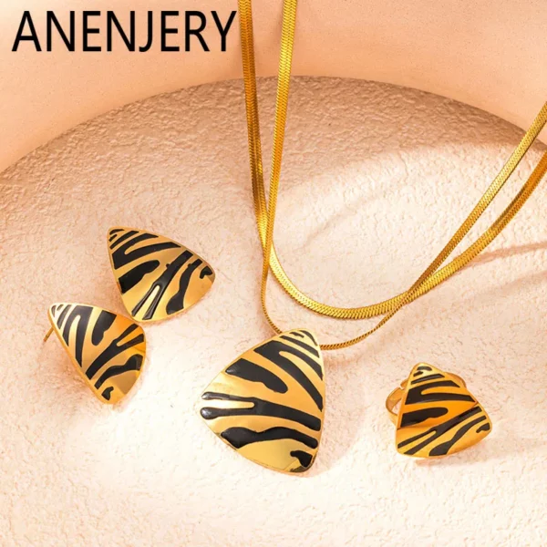 ANENJERY 316L roestvrij staal tijgerstreep ketting oorbel ring voor vrouwen vintage nieuwe trend sieraden set geschenken