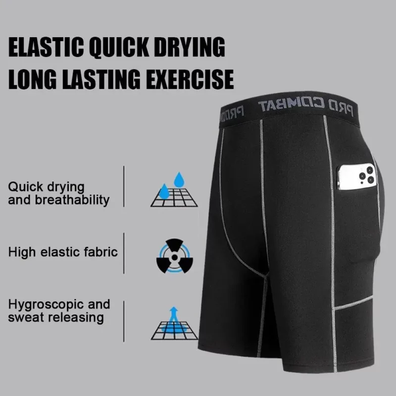 Compressie korte broek voor heren, elastische, sneldrogende hardloopfitnessshorts met zak, groot formaat, zwarte strakke gymtrainingsbroek - Image 2
