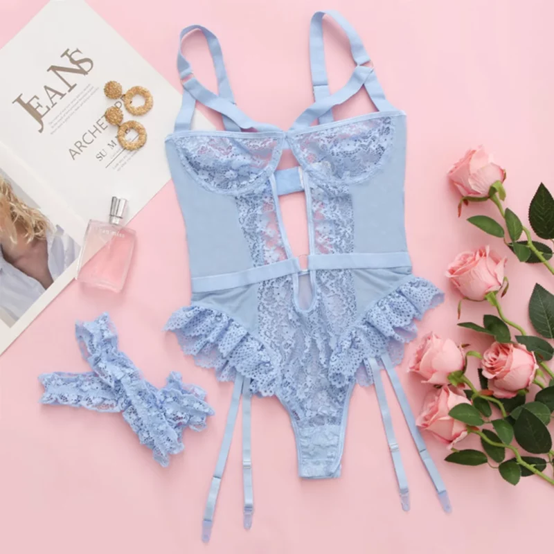 Rode bloemen kanten kousenband lingerie set met choker dames intimi 2022, beugelbeha en strings dames ondergoedset - Image 3