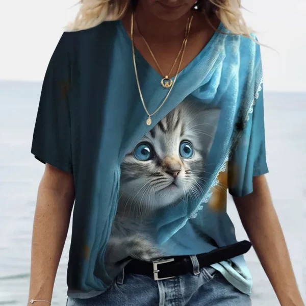 Dames T-Shirt Kawaii Cat Print 3d T-Shirt Top Meisjes Y 2K Kleding Zomer Korte Mouw T-Shirts V-Hals Casual Vakantie Dames T-Shirt