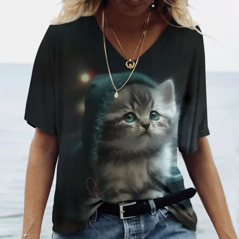Dames T-Shirt Kawaii Cat Print 3d T-Shirt Top Meisjes Y 2K Kleding Zomer Korte Mouw T-Shirts V-Hals Casual Vakantie Dames T-Shirt - Image 5