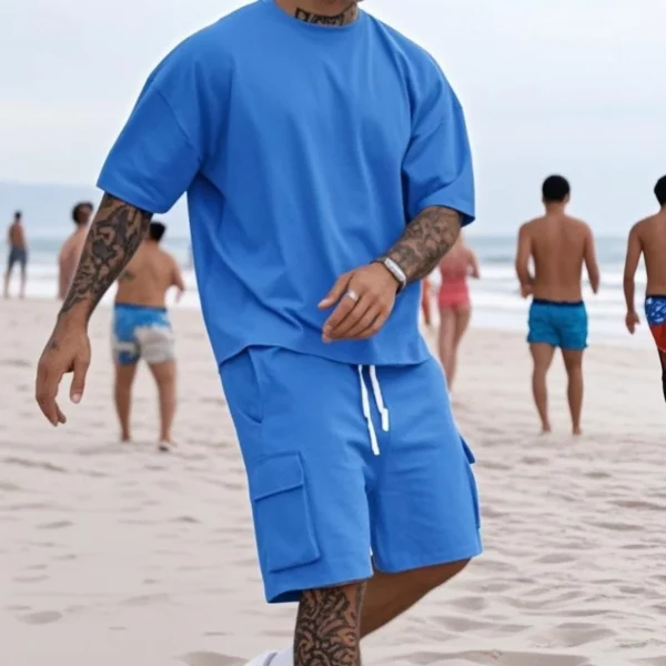 Joggen 2-delige set voor heren, outfits, effen kleur, eenvoudig T-shirt met korte mouwen en korte cargo-set, sport, zomer, trainingspak voor heren