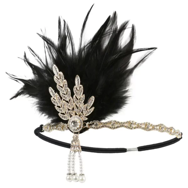 1 Stuks Hoofddeksel Veer Flapper Hoofdband Zwart Strass Kralen Pailletten Haarband Vintage Gatsby Party Headpiece Haaraccessoire