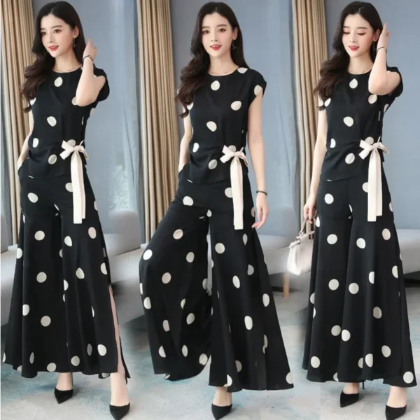 Dames Chiffon Sportpak 2024 Zomer Nieuwe Mode Polka Dot Wijde Pijpen Broek Crop Tops Tweedelige Set Voor Dames Grote Maten Kleding