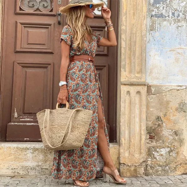 2024 Zomer Bohemian Dames Lange Jurk Met Lange Hals Met Korte Mouwen En Bloemenprint Strand Elegante Vintage Jurk Met Riem