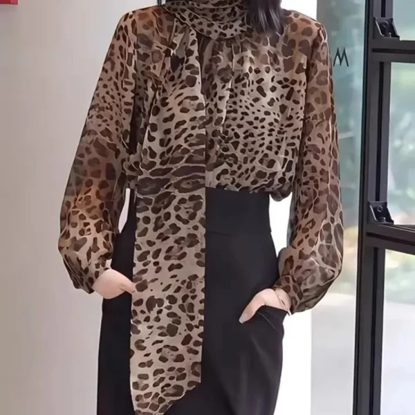 Mode Temperament Luipaardprint Lint Shirt voor Dames in de vroege herfst 2024, slank en veelzijdig voor woon-werkverkeer, lange mouwen