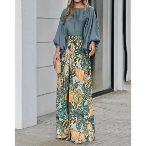 2024 Zomer Nieuwe Dameskleding Set Lantaarn Mouwen Losse Top Gedrukt Wijde Pijpen Broek Tweedelige Set Casual Dames broek Outfit