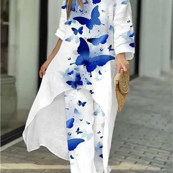 Dames Tweedelige Sets Broek Set Onregelmatige Ronde Hals Full Mouw Tops Print Bloemen Splice Casual Wijde Pijpen Lange Broek