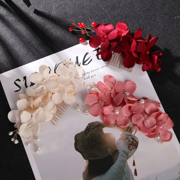 1Pcs Fashion Rode Bloem Haar Kam Bruidsmeisje Crystal Haar Clip Bridal Haarspeld Bruiloft Haar Sieraden Voor Vrouwen Party Haarband gift