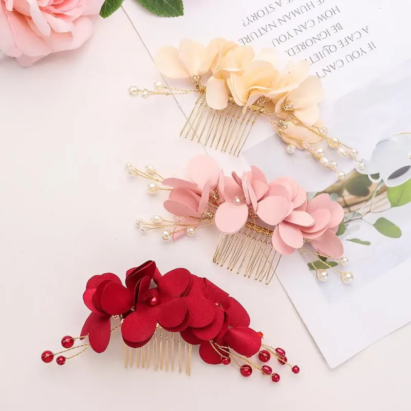 1Pcs Fashion Rode Bloem Haar Kam Bruidsmeisje Crystal Haar Clip Bridal Haarspeld Bruiloft Haar Sieraden Voor Vrouwen Party Haarband gift - Image 2