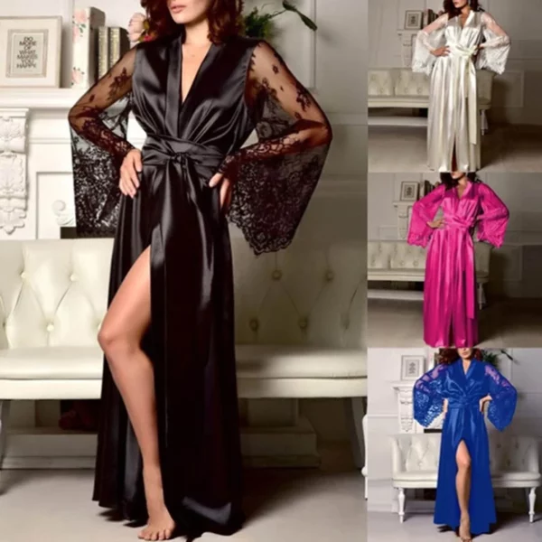 Dames nachthemd sexy lange kanten lingerie nachtkleding badjas jurk imitatie ijszijde nachthemd effen kleur nachtjapon