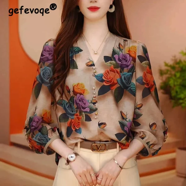 Vrouwen Zomer Vintage Bloemenprint Blouses Koreaanse Mode V-hals 3/4 Mouw Elegante Shirts Vrouwelijke Casual Verstoorde Losse Chic Tops