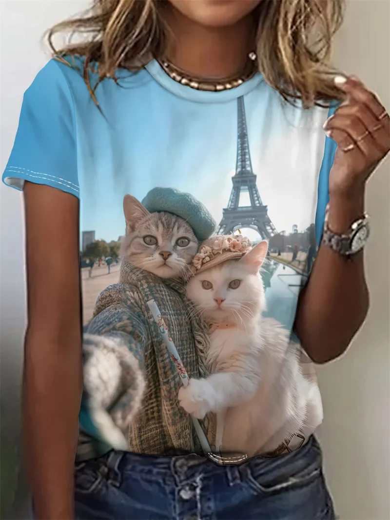 2025 Funny Animal Women's T-Shirts 3d Print Cute Cartoon Cat Casual Short Sleeve Tshirt Fashion Top O-Neck Female Clothing