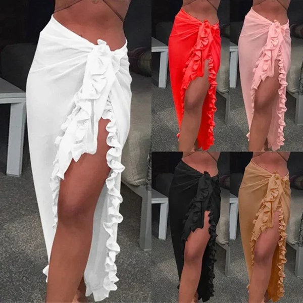 Vrouwen chiffon doorzichtige strandbikini cover-up wikkelsjaal badmode pareo sarongjurk effen ruches casual strandjurk