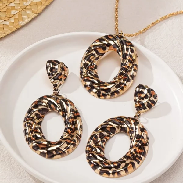 Hangende Dangle Earring Luipaard Textuur Ketting Set Overdreven Mode Drop Earring Trend Geometrische Dangle Earring Sieraden