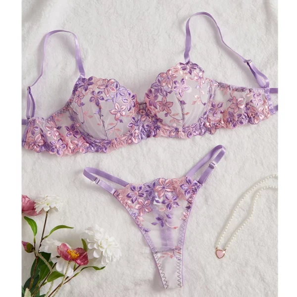 Sexy bh en panty set tule ondergoed transparante lingerie paars bloemenborduurwerk erotische set mooie sensuele luxe lingerie