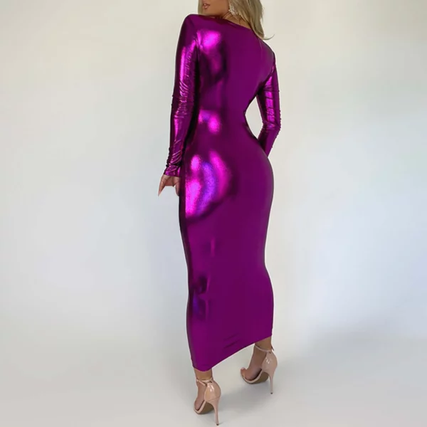 Glanzende Pu Maxi Jurk Sexy Deep V Pad Schouder Geplooide Bodycon Jurk Lange Mouw Elegante Feest Avondjurken Voor Vrouwen 2024