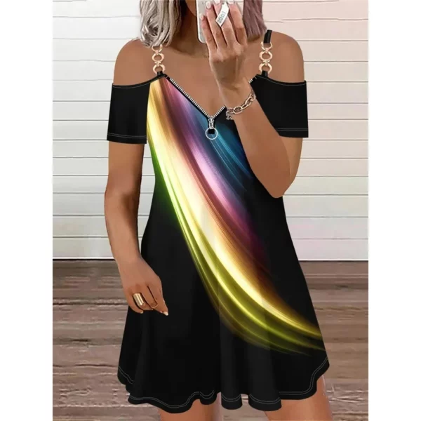 Grensoverschrijdende vakantie bloemenprint rits korte mouw schouder ontbloot jurk Boheemse stijl knielange normale pasvorm damesjurk