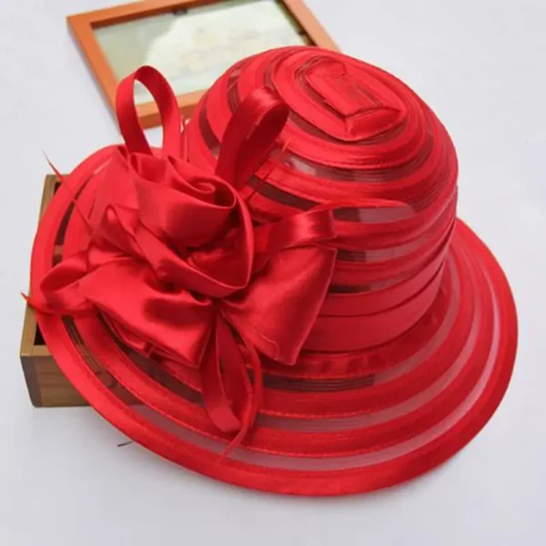 Nieuwe Mode Vrouwen Zomer Organza Zon Hoeden Brede Rand Met Grote Bloem Fedora Hoed Elegante Dames Bruiloft Kerk Party Hoed