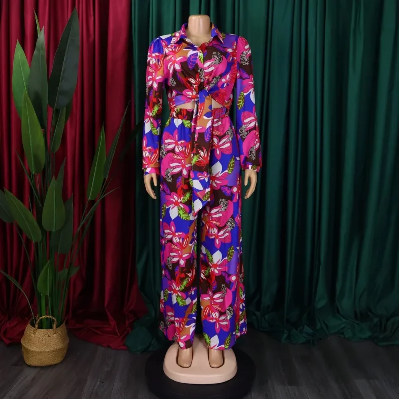 2023 Lente Zomer Nieuwe Lange Mouwen Gedrukt Pak Voor Vrouwen Mode Revers Single Breasted Shirt Wijde Pijpen Broek Tweedelige Set - Image 5