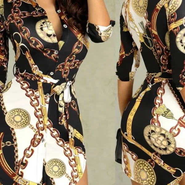 2024 Herfst Nieuwe Vrouwen Jurk Modieuze Sexy Gouden Ketting Slim Fit Gedrukt Single Breasted Lace Up Taille Cinching Korte rok