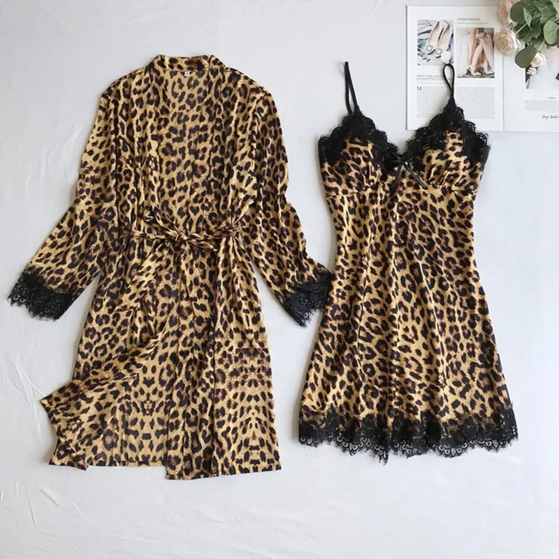 Sexy Luipaard Bedrukt Intimi Draadloze Randloze Pyjama Kanten Nachtjurk Zijde Ondergoed Nachtkleding No Pad Lingerie Ropa De Mujer